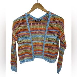 Freshman 1996 Girls’ 12-14 Crochet Knit Cardigan Boho Rainbow Striped Sweater